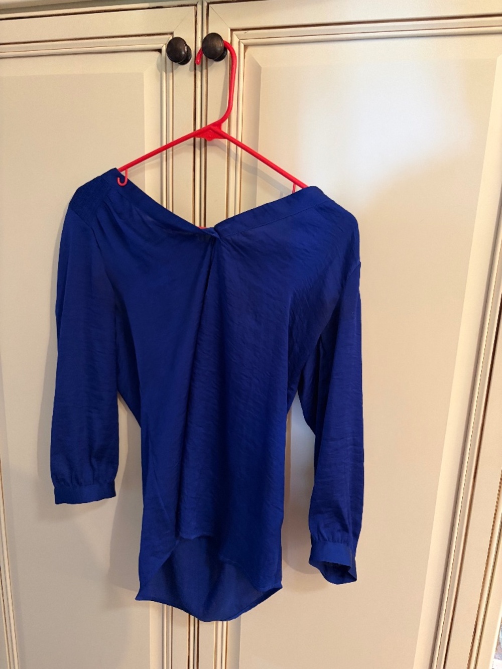 Royal Blue V-Neck Long Sleeve Front Twist Satin Blouse